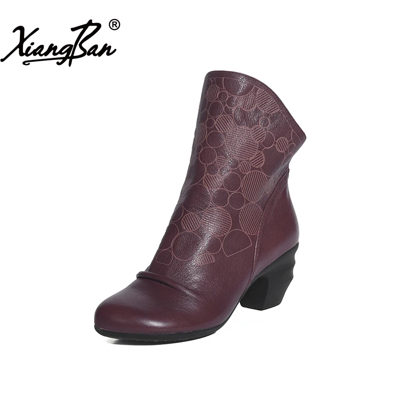

Xiangban Women Leather Shoes Winter Western Style Elegant Female Ankle Boots Fashion Vintage Zipper Boots