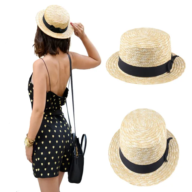 Women Lady Boater Summer Sun Hat Beach Ribbon Round Flat Top Beige Women Lady Boater Summer Sun Hat Beach Ribbon Round Flat Top Beige Straw Fedora Panama