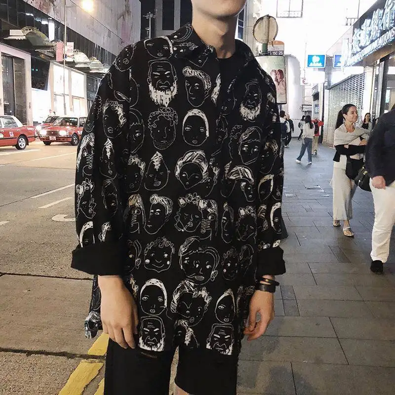Hip Hop Shirts Men Japanese Streetwear Casual Print Shirt Male Summer Spring Fashion Loose Harajuku Long Sleeve Hawaiian | Мужская