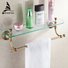 Bathroom Shelves Brass Antique Single Tempered Glass Shelf Towel Bar Shower Storage Towel Hanger Rack Accessories Holder 3713