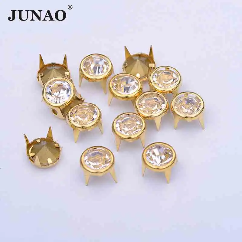 

JUNAO 100pcs 10mm Gold Rhinestone Rivet Metal Studs Spikes Decoration Rivet For Leather Clothes Shoes DIY Crafts