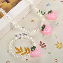 Розовое ожерелье с искусственным жемчугом и клубникой для девочек, регулируемое кольцо на палец, милые бусины для детей, ювелирные наборы для детей