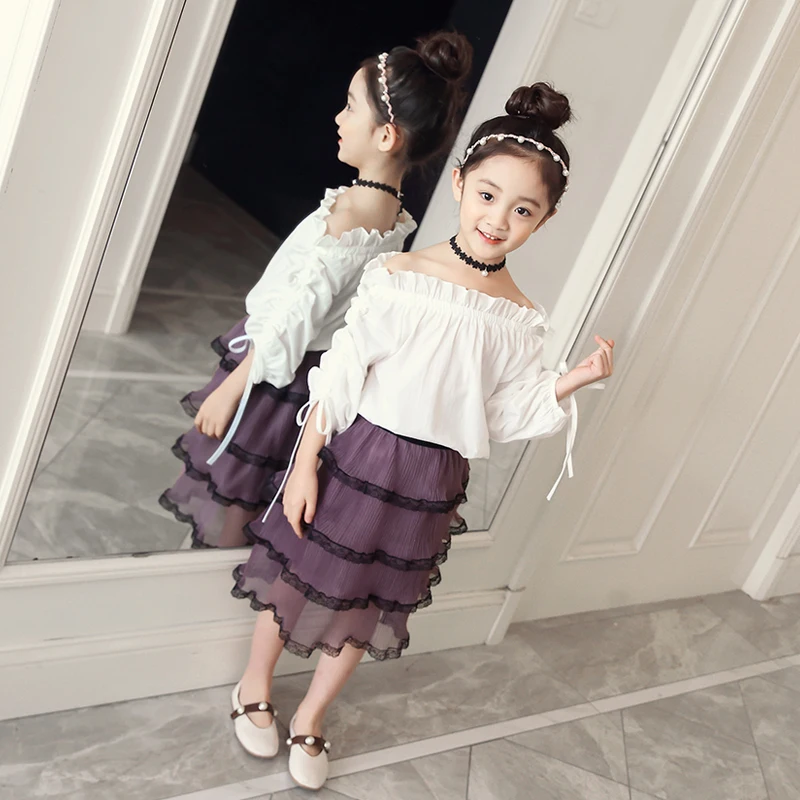 

Girls Clothes Suit Spring Summer New Children's Clothing Set Female Kids Lovely Ruffles Tops + Lace Ruffles Skirts 2 Pcs X153