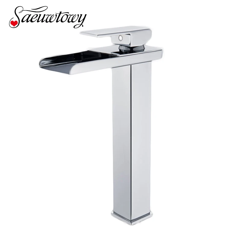 

Saeuwtowy Chrome Basin Faucet Deck Mounted Single Holder One Hole Hot & Cold Mixer Tap Waterfall Spout