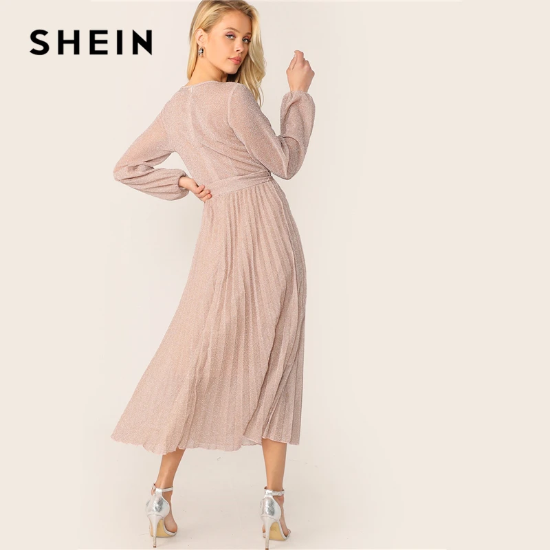 SHEIN модное блестящее плиссированное платье с v-образным вырезом и поясом, летнее платье трапециевидной формы,, гламурные розовые платья с высокой талией