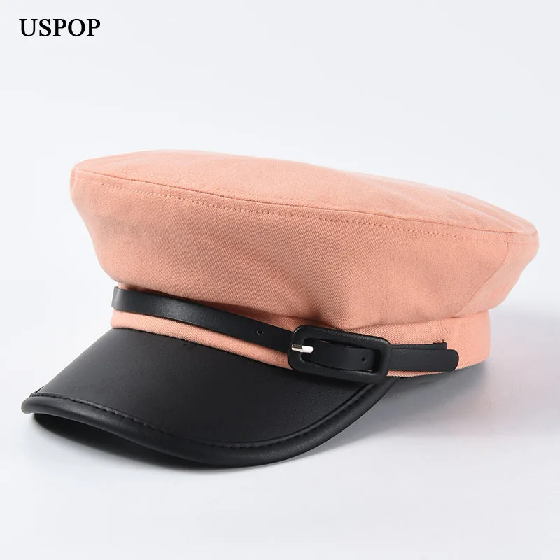 

USPOP 2019 New caps women newsboy caps autumn patchwork PU brim visor caps belt decoration military cap