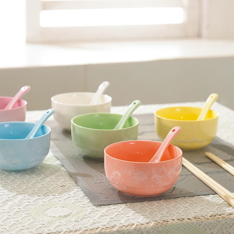 Natural pattern Ice Flower Colorfule Ceramic Bowls Porcelain Rice Soup Dessert Noodle Bowl Spoon Dinner Tableware drop shipping | Дом и сад