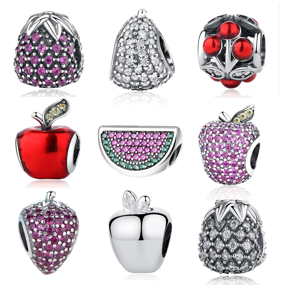 

Authentic 925 Sterling Silver Fruit DIY Beads Watermelon Pineapple Apple Cherry Fit Original Pandora Bracelets CZ Crystal Charms