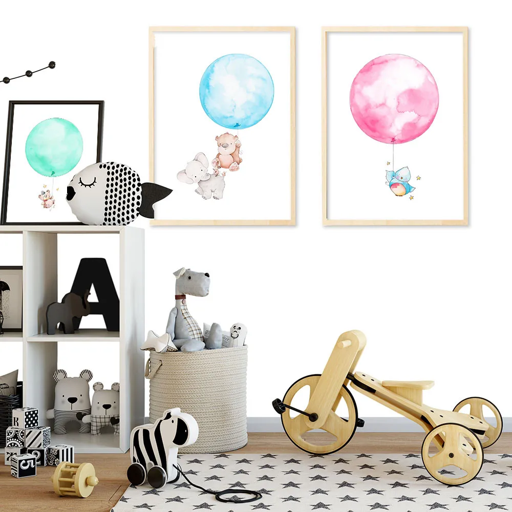 Watercolor Balloon Bear Elephant Cartoon Poster Print Minimalist Painting Wall Art canvas Picture Nordic Style Kids Decoration