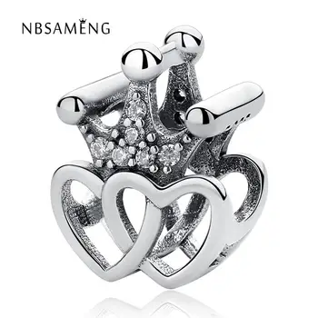 

Newest 100% 925 Sterling Silver Bead Crystal Queen Crown with Love Heart Charm Fit Original Pandora Bracelets Women DIY Jewelry