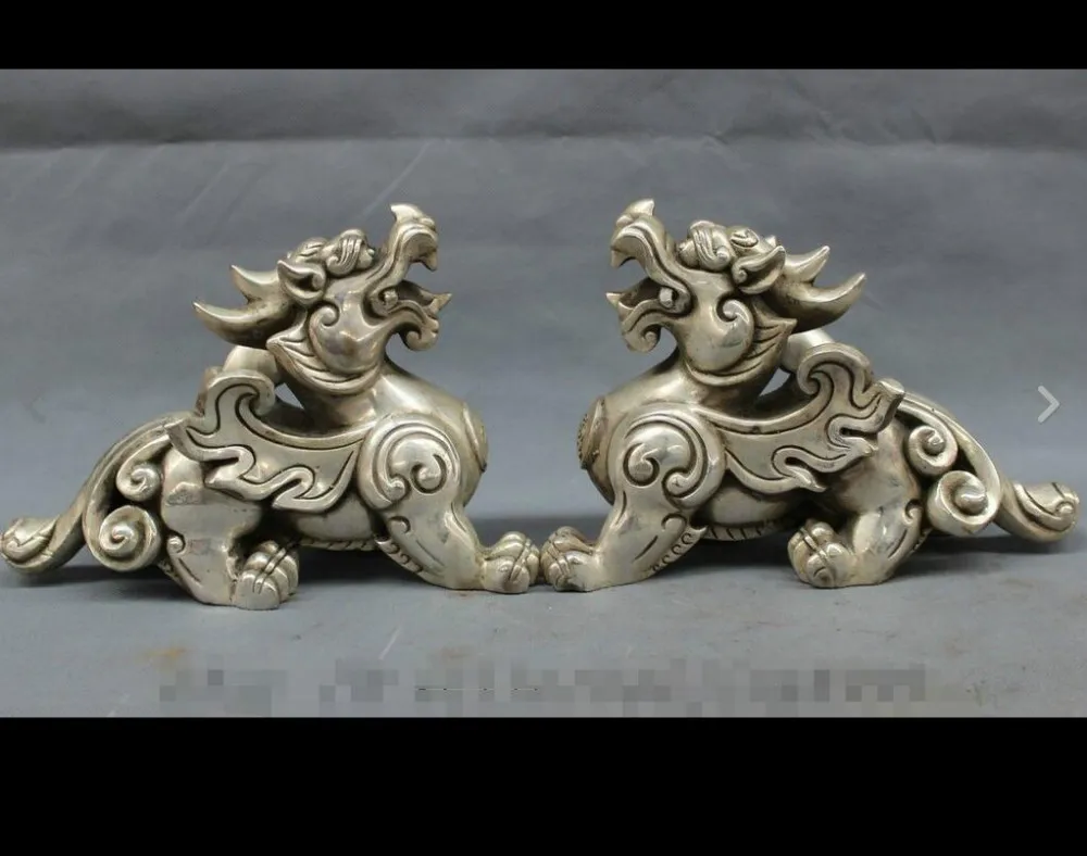 

wan6710973+++10" Silver Folk FengShui Unicorn Beast Dragon Kylin Statue Pair