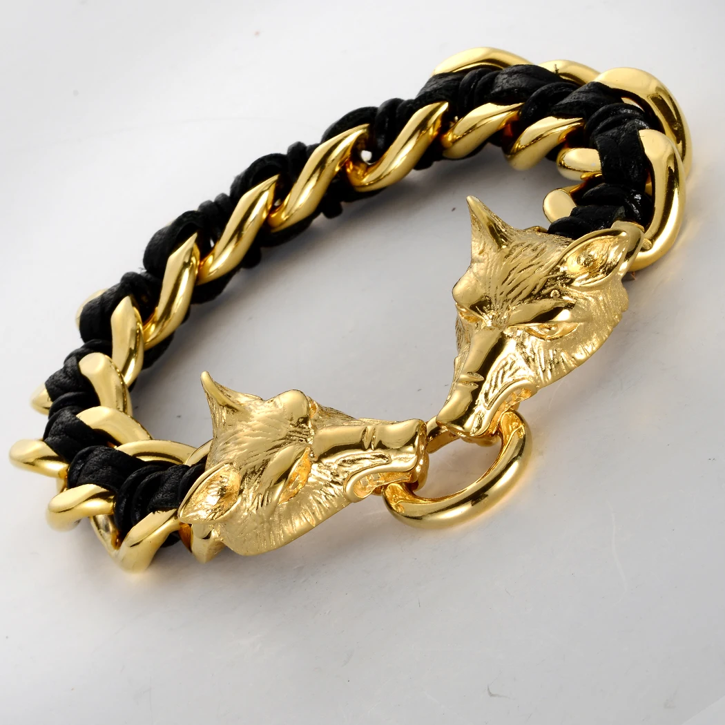 Baratos Pulsera de cuero de lobo de acero inoxidable para hombre 316L biker heavy jewelry gifts silver gold tone KL03 venta al por mayor dropship 8,5\