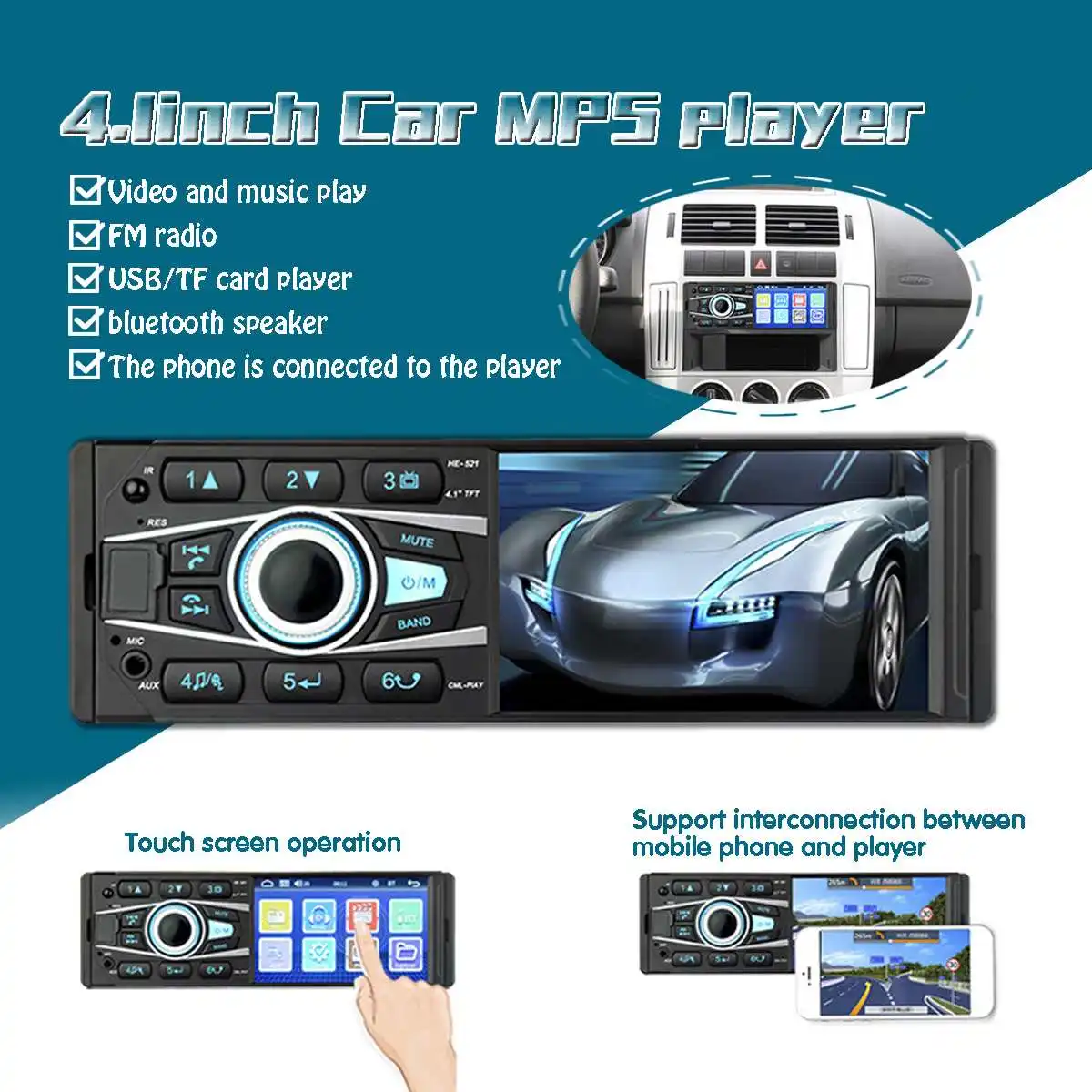

4.1 Inch Screen Car MP5 MP3 Player 1DIN bluetooth Hands-Free Calls Stereo Radio FM Remote Control USB TF AUX
