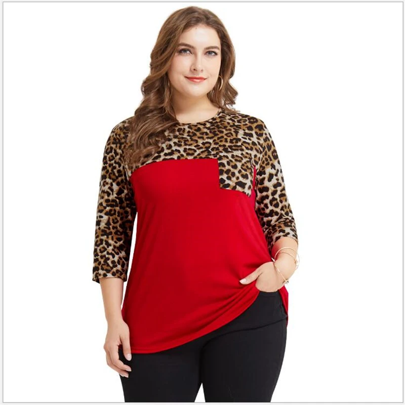 

New Fashion Casual Spring Large Size Women T-Shirt Leopard Printing tees 3/4 Sleeve Casual Tops T-Shirt Womens R030