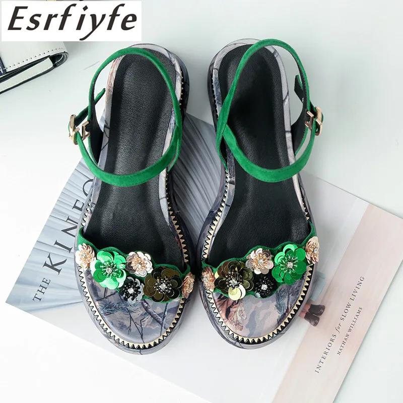 Casuales Mujer Sandalias Las Plataforma Cómodos Señoras Mujeres Nuevo 2019 Flor Zapatos Gamuza Esrfiyfe Negro De verde Verano Chico La Cuña Tqw6S8t