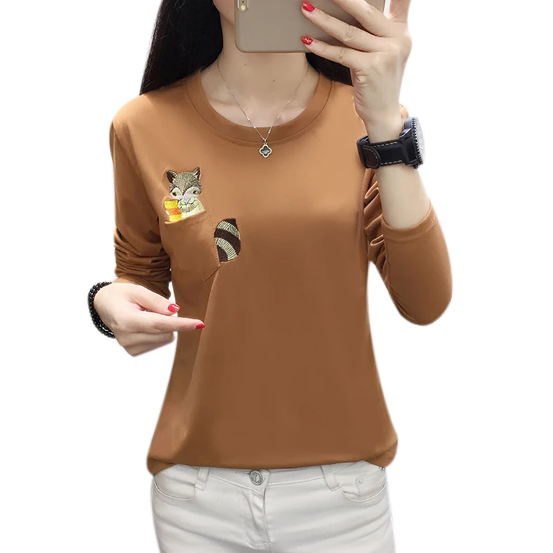 

Long Sleeve T Shirt Womens Tops Plus Size 2019 Autumn Winter Tee Shirt Women Korean Style Pockets Squirrel Embroidery Tshirt