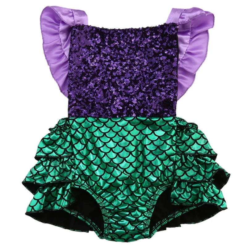 Baby Bodysuits cheap Summer Baby Girls Sequin Mermaid Costume Sleeveless Romper Jumpsuit Children Girls Holiday Beach Sunsuit Outfits Costume vintage Baby Bodysuits Baby Rompers