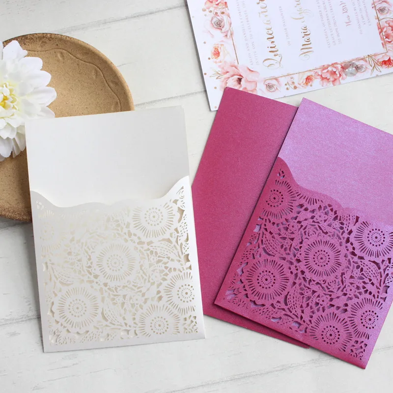 

Fuchsia ivory card invitation for wedding marriage engagement floral pocket customized printing insert card 50pcs