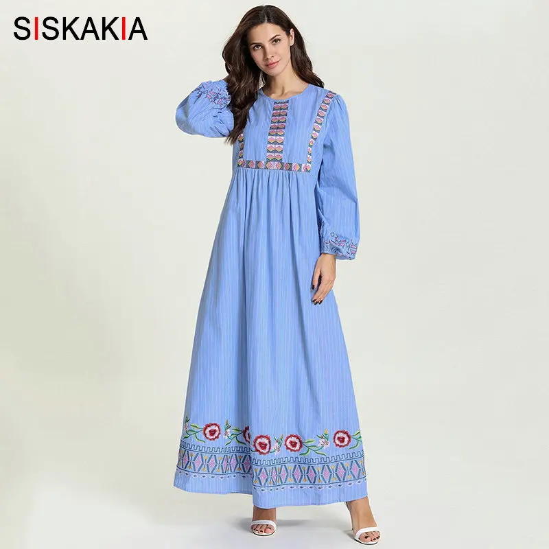 Mother and Daughter striped Embroidery Long Dress Muslim Parent Child Girl Casual Dresses Long Sleeve Plus Size Autumn Blue