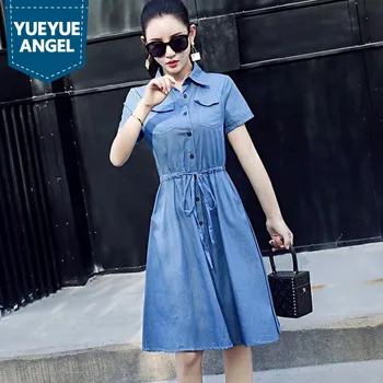 

Harajuku Preppy Style Women Short Sleeve A-Line Dresses Turn Down Collar Summer New Robe Femme Jean Denim Dress Female Vestidos