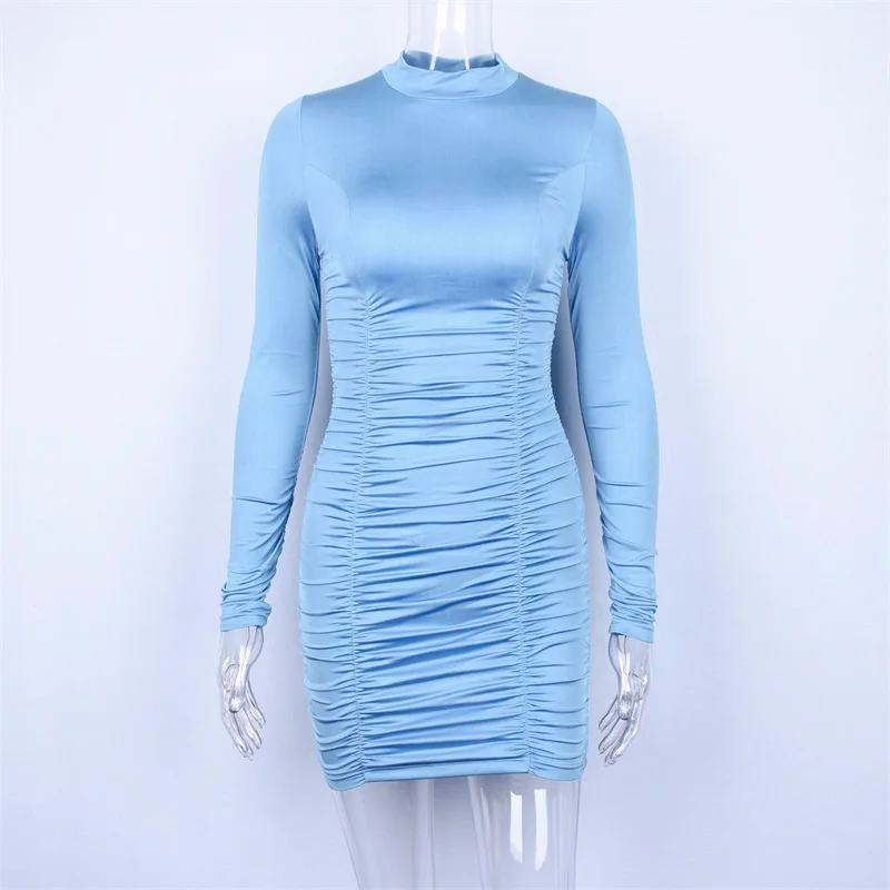 Dulzura женское сексуальные облегающее обтяжку мини-платье осень осеннее зимнее платье с длинным рукавом лонгслив с высоким воротом для вечеринок - Цвет: Небесно-голубой