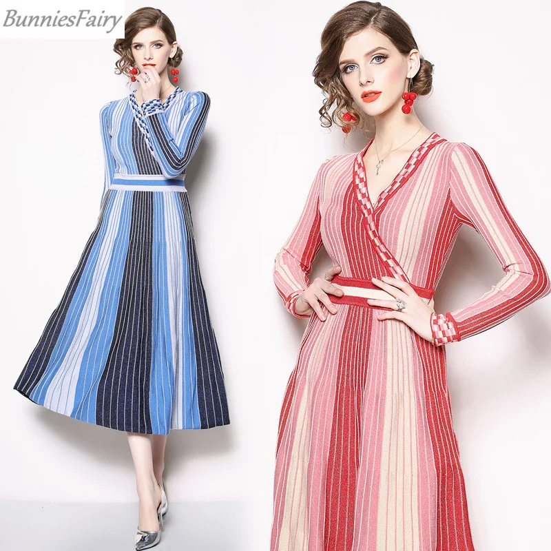 BunniesFairy 2019 весеннее женское элегантное корейское платье в цветную полоску