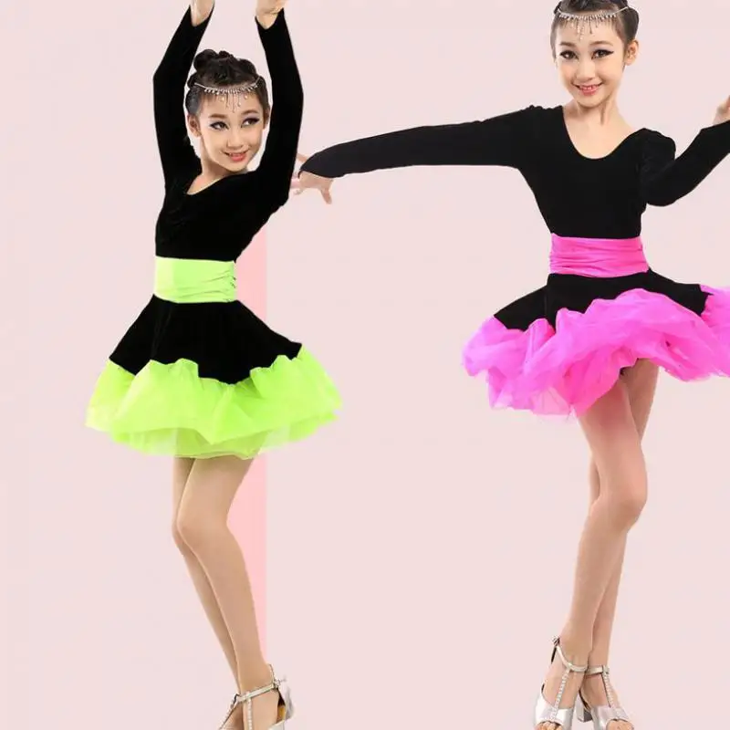 Professional Girl Long Sleeves Latin Dance Dress Children Ballroom Dancing Dress Kids Salsa Rumba Cha Cha Tango Stage Wear dance dress
