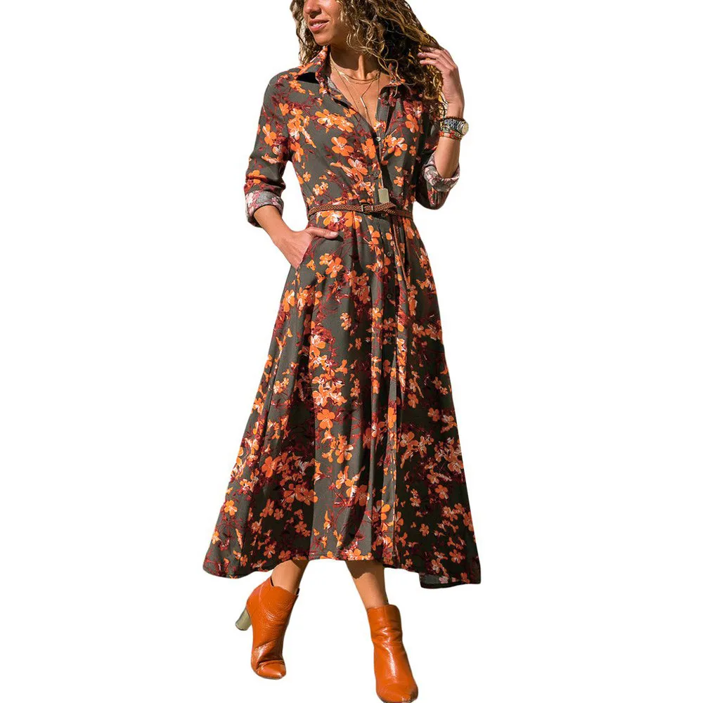 Yellow Dress Floral Printing Button Up Long Shirt Breathable Vestidos | Женская одежда