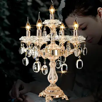 

5-arm gold crystal candle holders led table lamp for Dining room large Wedding candelabra Restaurant crystal candlestick Abajur