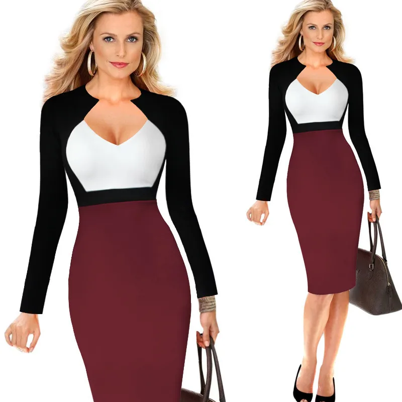 Fashion Women Autumn Patchwork font b Dress b font Elegant Long Sleeve Sexy Slim Pencil Hip