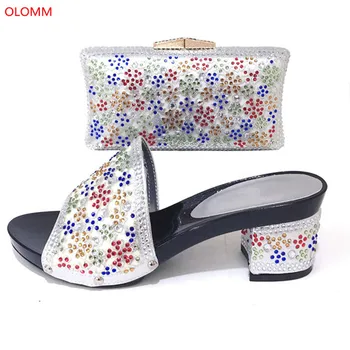 

OLOMM Fashion Italian silver Design High Quality Shoes and Bag To Match African Shoes and Bag Set Nigerian party shoes!PO1-21