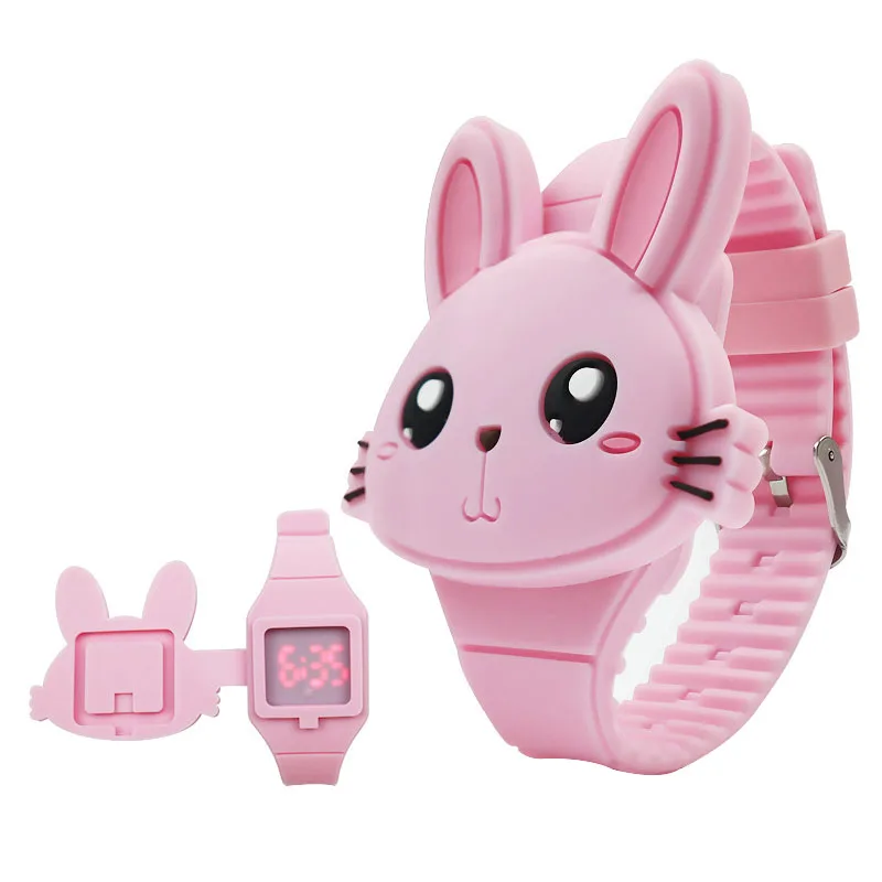 1 шт. Детские светодиодные электронные часы силиконовый ремешок мультфильм кролик флип чехол наручные часы прекрасный подарок TS95