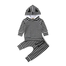 Одежда для новорожденных мальчиков и девочек, топы с капюшоном, футболка, штаны, Полосатый Черный осенне-зимний комплект одежды