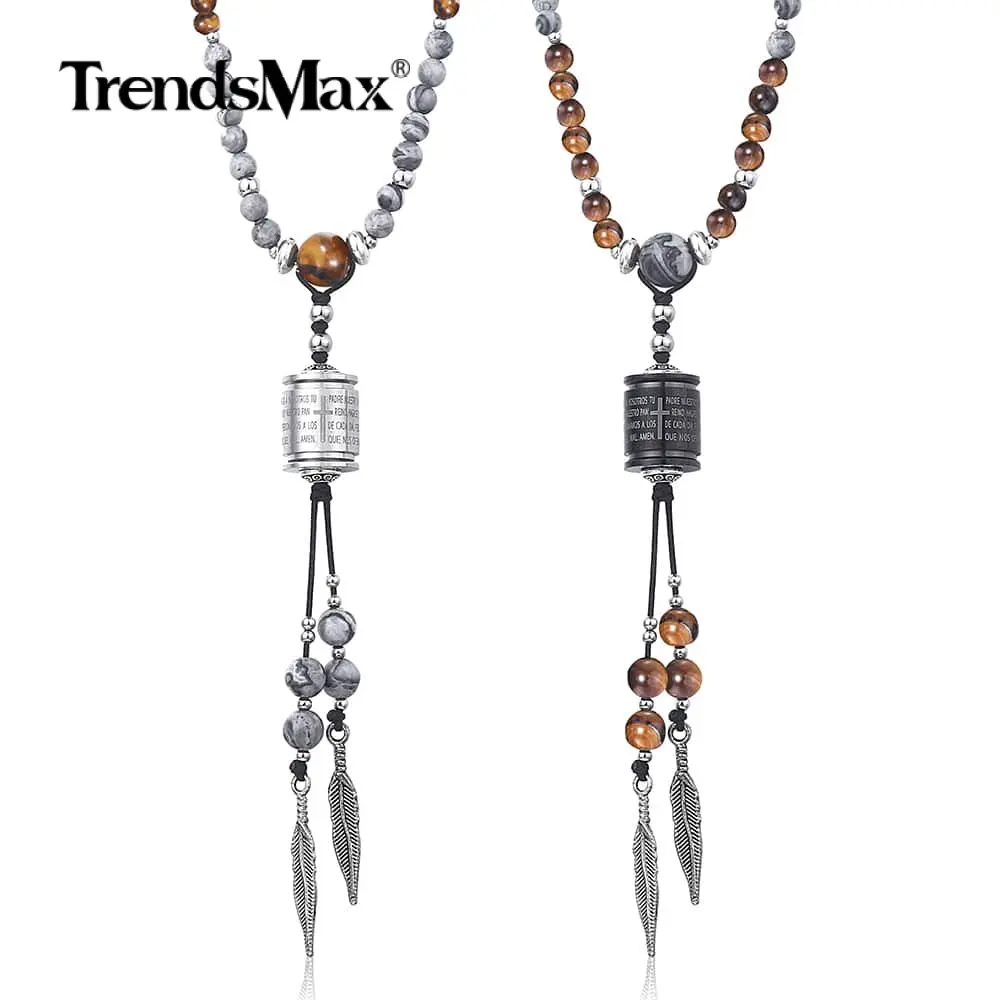 Natural Stone Beaded Necklace for Mens Womens Spanish Bible Charm Long
