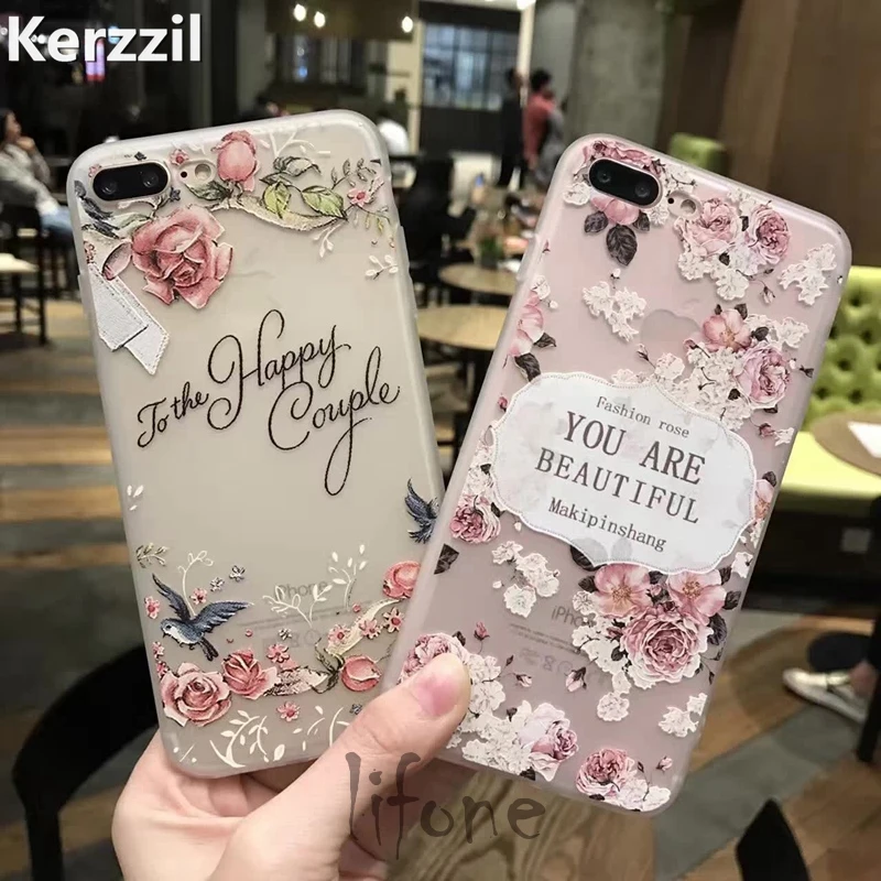Мягкий рельефный 3D-чехол Kerzzil с розами и птицами из ТПУ для iPhone 7 6 6S Plus силиконовый