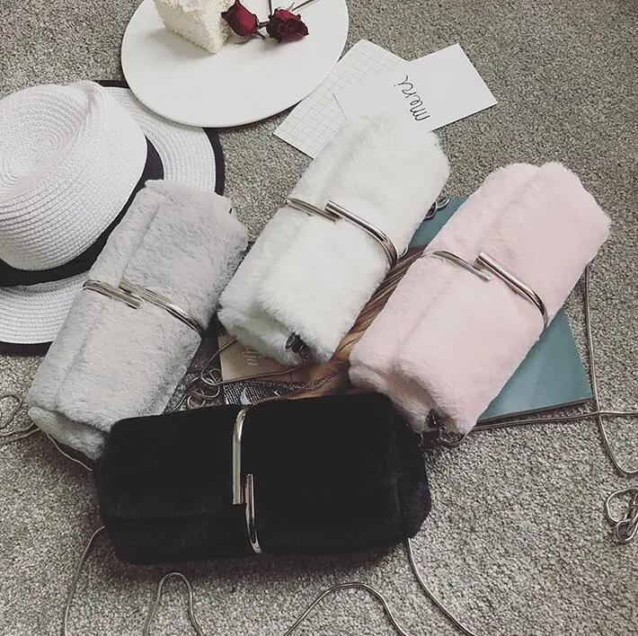

2017 HOT SALE Women's Clutch Handbags Paperclip Cross Body Bags Evening Purses Fur Chain Shoulder Bags Bolsas Feminina 3 Colors