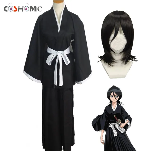 Coshome Bleach Kuchiki Rukia Wigs Cosplay Costumes Black Dress Kimono ...