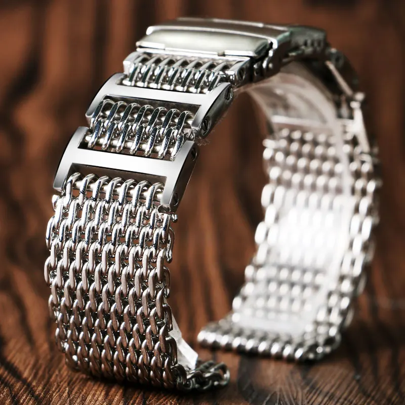 HQ Bracelet Cool Folding Clasp with Safety 20 24mm Women Men Silver Shark Mesh Solid Link 4