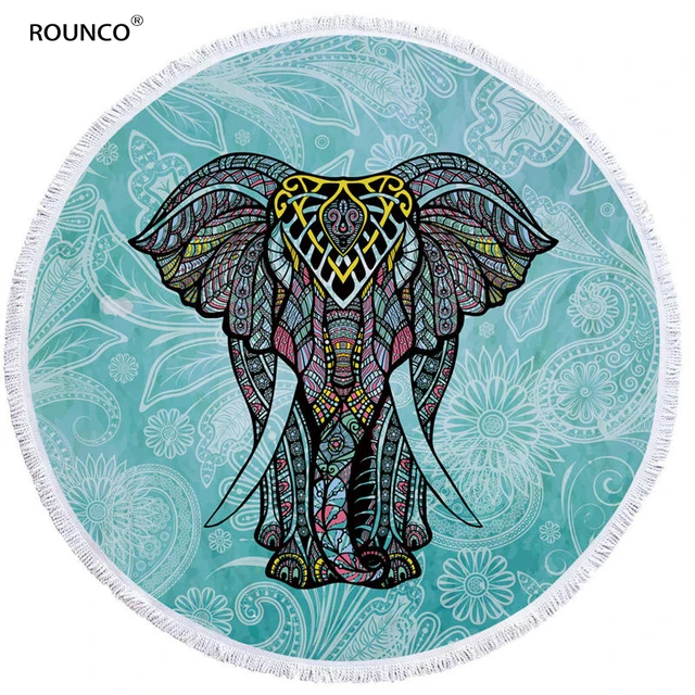 Indian Elephant Summer Large Microfiber Printed Round Beach Towels With Tassel Bohemia Bath Towels Shawl Mat Thick 150x150cm