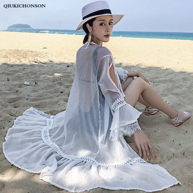 

Beach Kimono Cardigan Summer Bohemian Hollow Out Lace Patchwork Long Chiffon Cardigan Flare Sleeve Cold Shoulder Ruffle Tops