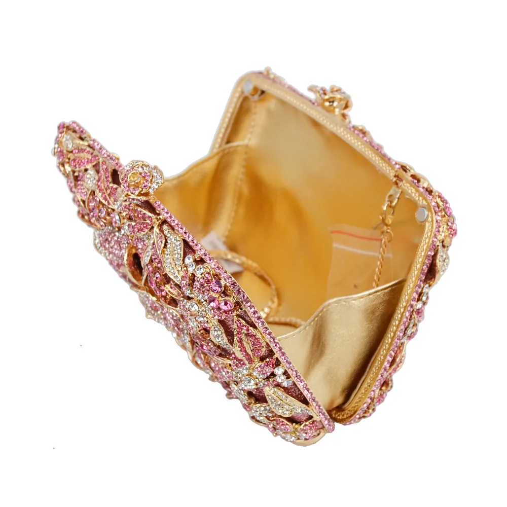 KHNMEET Pink Flower Party Clutch Evening Bags rhinestone Pink Luxury Wedding Crystal Bags Shoulder SC780