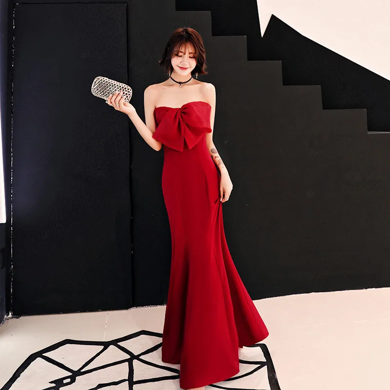 

Sexy Lady Bow Strapless Burgundy Formal Party Maxi Dress Cheongsam Backless Qipao Bandage Trumpet Bridal Wedding Gown Vestidos