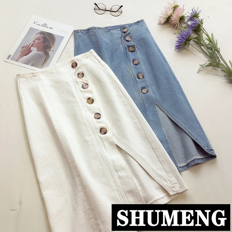 

2019 New Summer Women's Split High Waist Buttons Irregular Jeans Skirt Pure Color Mid Calf Students Denim Skirts