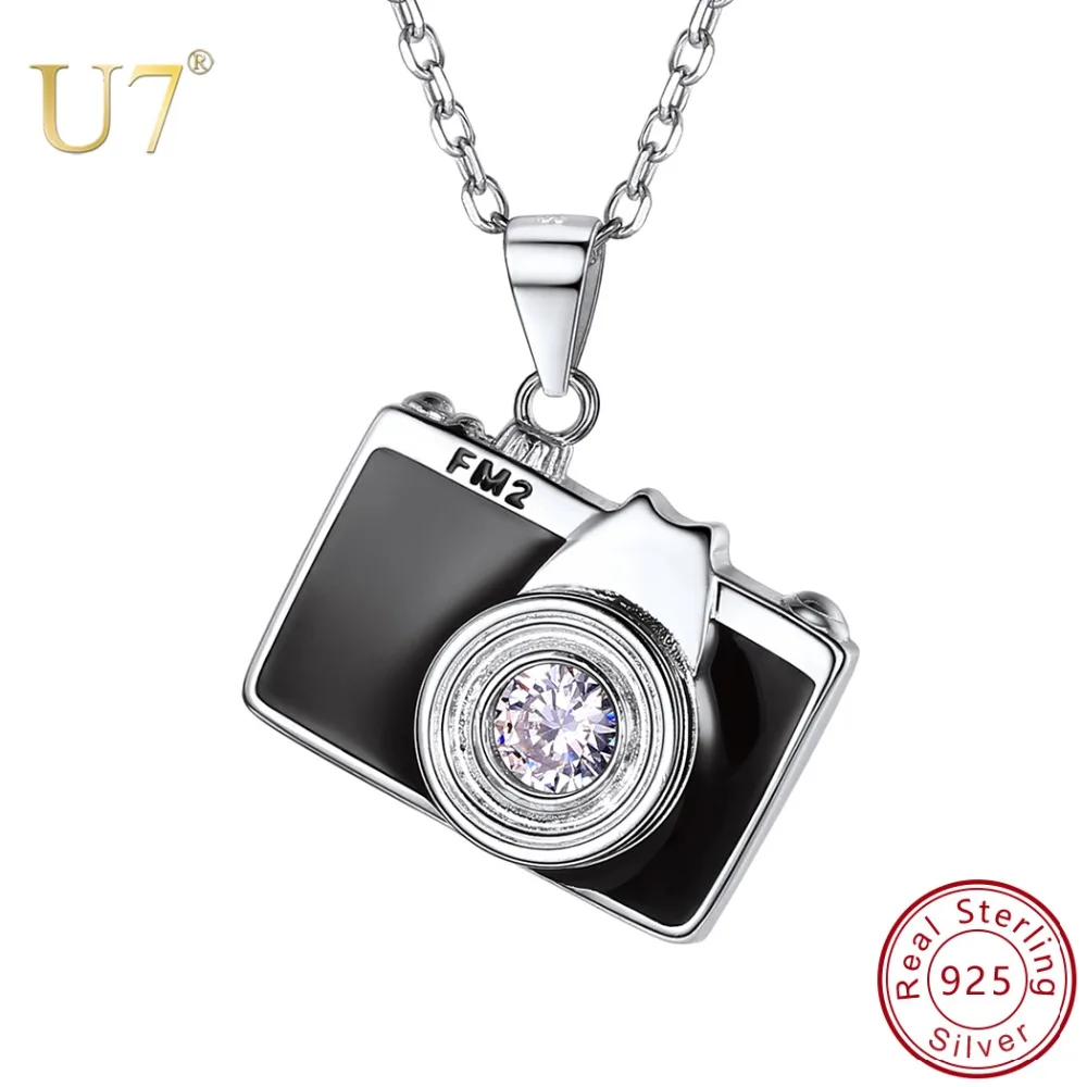 U7 925 пробы Серебряная камера черная эмаль CZ подвеска ожерелье для женщин подружки невесты подарок фотографа модный дизайн