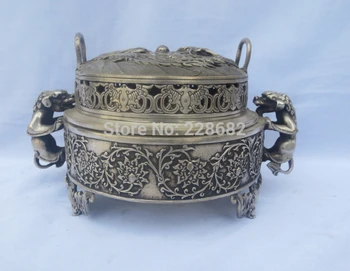 

Antique antiques Collectible Decorated Old Handwork Tibet Silver Carved Dragon and Phoenix Lid Big Feng Shui incense burner