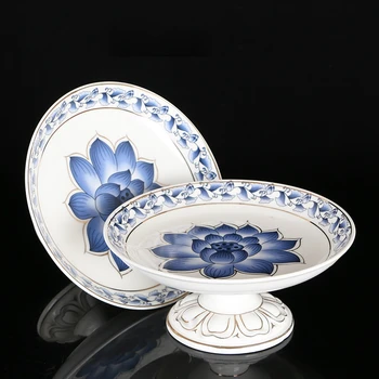 

Quality Blue and White Fruit Dish Southeast Asia Style Lotus Dessert Fruit Plate Buddhist Temple Serving Plate Ceramic Craft