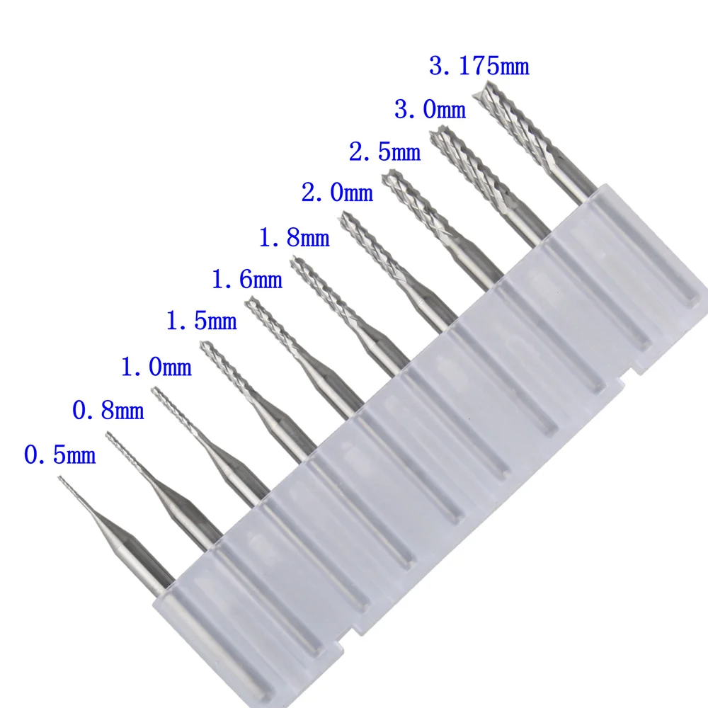 A Box of 10pcs Carbide End Mill Engraving Bits for CNC PCB Rotary Burrs 1.0mm 
