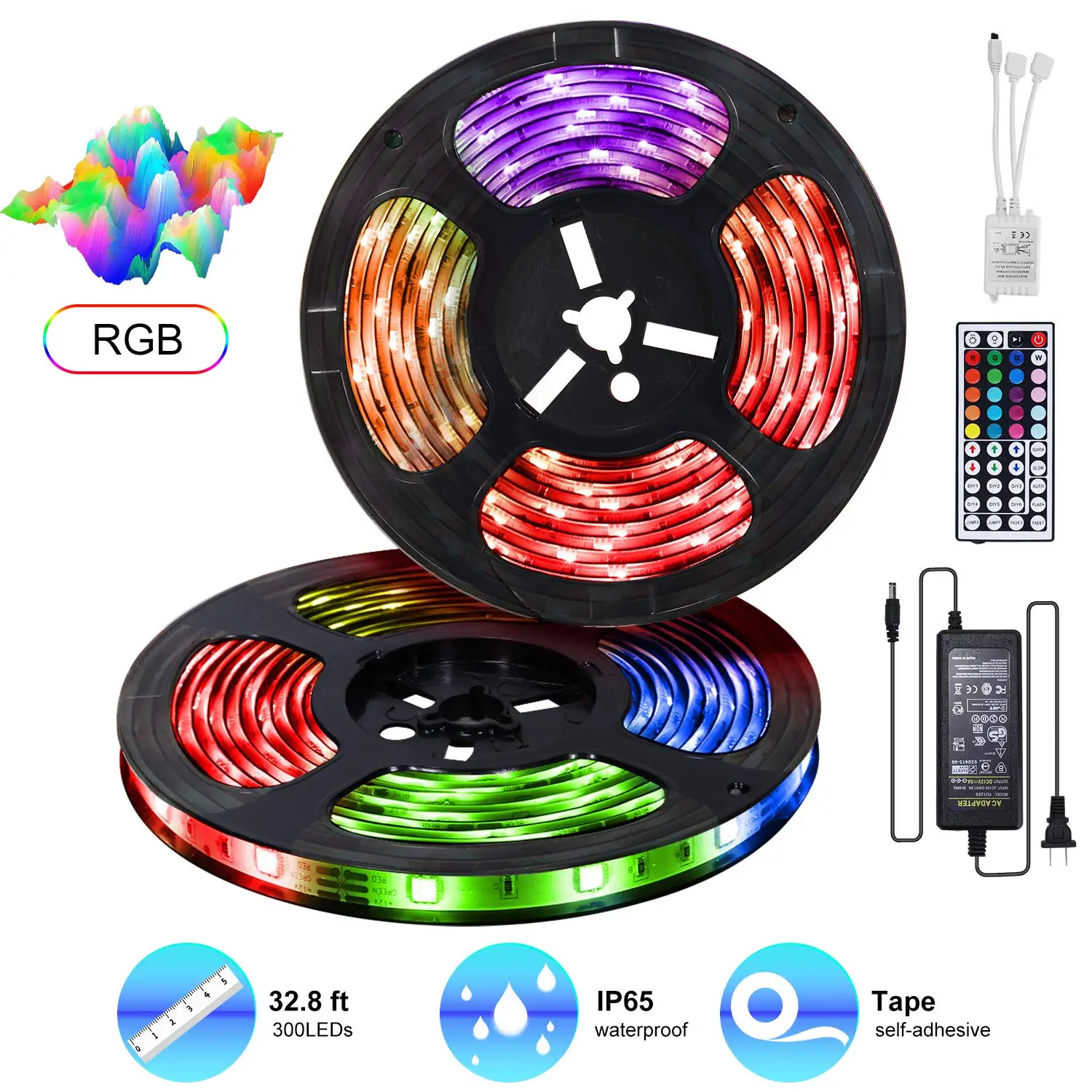 

32.8ft/10M 300LEDs SMD 5050 12V RGB Led Strip Lights IP65 Waterproof with Sensitive Reaction 44Key Remote Controller