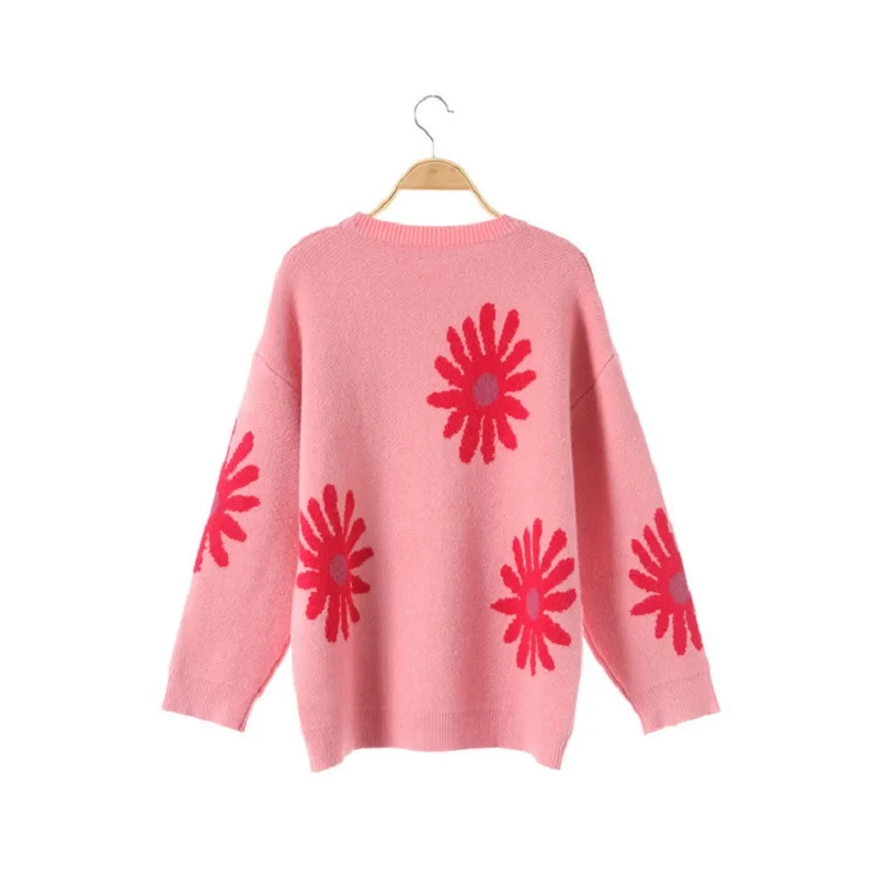 Зимний повседневный розовый свободный свитер Pulloveres для женщин, подиумный принт с листьями, милый уличный вязаный свитер, джемпер, одежда