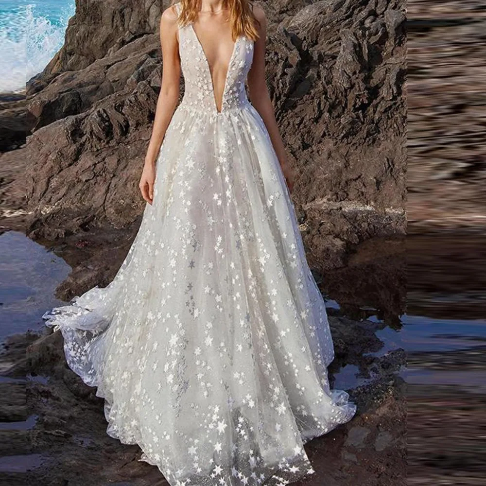 

Elegant Women Party Dress Fashion Sexy Deep V-Neck Sleeveless Backless Dresses Star Printed Big Hem Floor-Length Long Dress